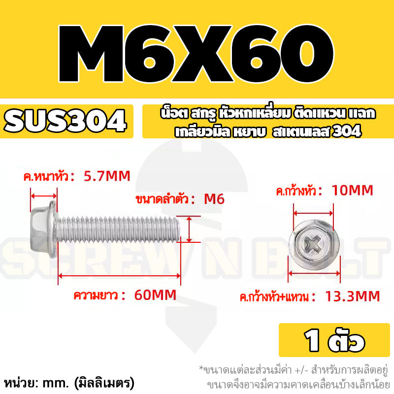 น็อต สกรู หัวหกเหลี่ยม ติดแหวน แฉก สแตนเลส 304 เกลียวมิล หยาบ M6 M8 / Indented Hex Washer Machine Screw SUS304