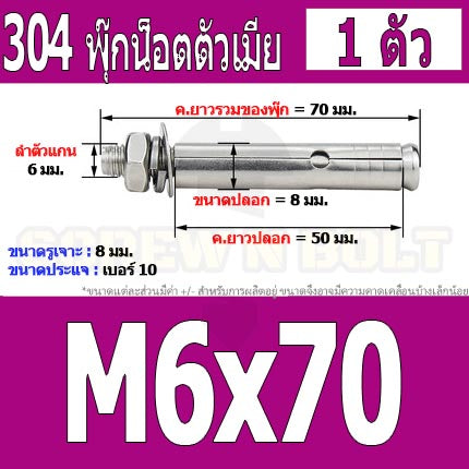 พุ๊ก พุก หัวน๊อต ตัวเมีย สแตนเลส 304 แหวนอีแปะ+สปริง M6 M8 / Sleeve Expansion Anchor Bolt with Nut SUS304 M6 M8