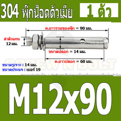 พุ๊ก พุก หัวน๊อต ตัวเมีย สแตนเลส 304 แหวนอีแปะ+สปริง M12 / Sleeve Expansion Anchor Bolt with Nut SUS304 M12