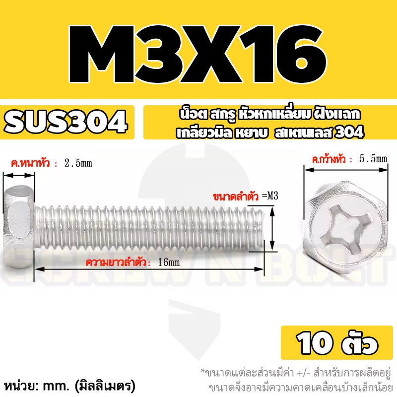 น็อต สกรู หัวหกเหลี่ยม ฝังแฉก สแตนเลส 304 เกลียวมิล หยาบ M3 M4 M5 / Indented Hexagon Machine Screw SUS