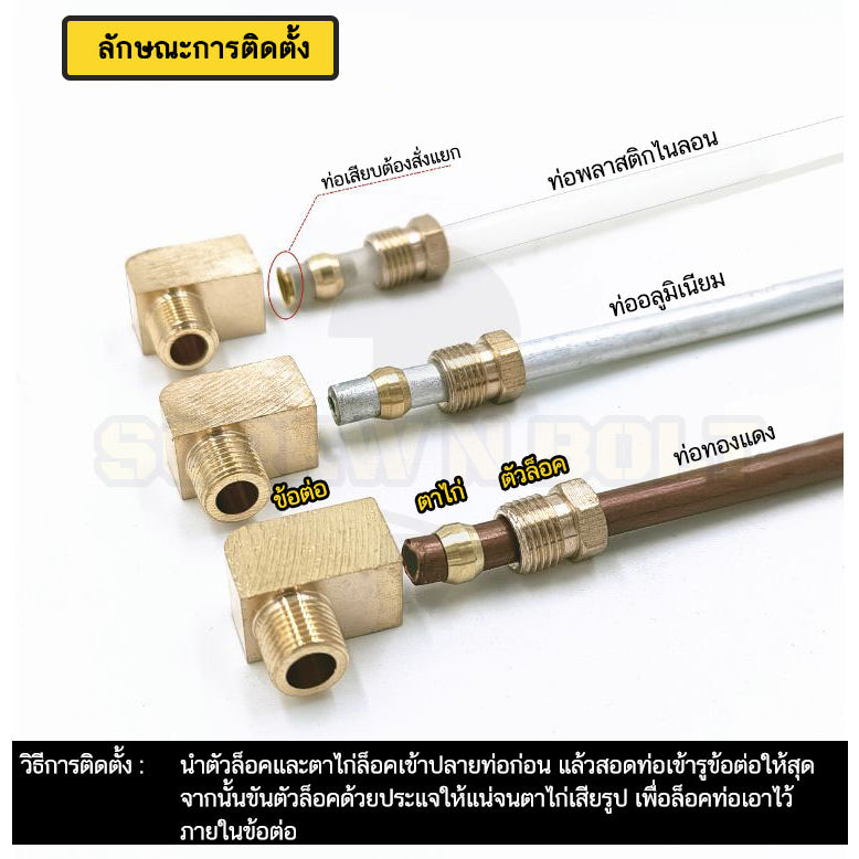 (ยกชุด) ข้อต่อ ล็อคใน ข้องอ เกลียวนอก-ใน ต่อท่อ ต่อสาย ทองเหลือง PL M4 M5 M6 M8 1/4 1/8 / Elbow Tube Fitting, Brass