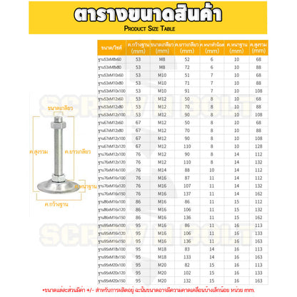ขา ปรับระดับ โต๊ะ เก้าอี้ เฟอร์ฯ ขาฉิ่ง ทรงฉิ่ง สแตนเลส 304 ฐาน 62-67 มม. M10 M12 / Leg Leveler Plain SUS304