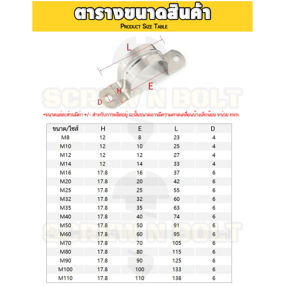 แคลมป์รัดท่อ แคล้มยึดท่อ กิ๊ปจับท่อ แนวนอน/ตั้ง สแตนเลส 304 แบบบาง รู 2 ด้าน 5 - 120 มม. / Saddle Clamp - Light SUS304