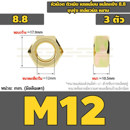 หัวน็อต ตัวเมีย หกเหลี่ยม เหล็กแข็ง 8.8 ชุบรุ้ง เกลียวมิล หยาบ M12M14M16M18M20M24 / 8.8 Grade Hexagon Nut Yellow Zinc
