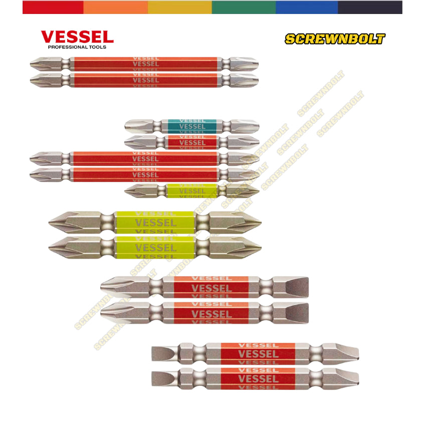VESSEL ดอกไขควง แม่เหล็ก หัวแฉก/ปากแบน หลายความยาว เกรด HRC62 PH0/00/1/2/3 SL3/4/5/6 / Phillip/Slot Double Bit