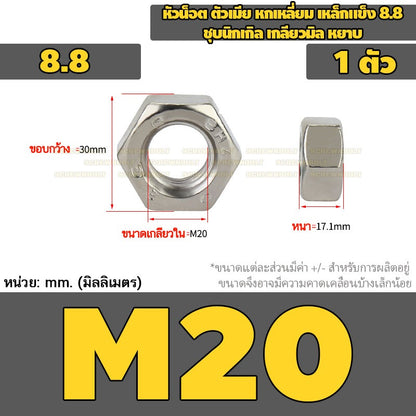 หัวน็อต ตัวเมีย หกเหลี่ยม เหล็กแข็ง 8.8 ชุบนิกเกิล เกลียวมิล หยาบ M2.5 - M20 / 8.8 Grade Hexagon Nut Nickel-Plated