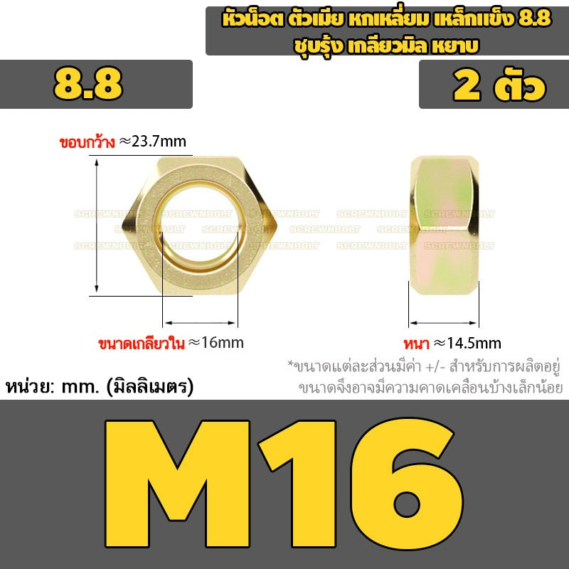 หัวน็อต ตัวเมีย หกเหลี่ยม เหล็กแข็ง 8.8 ชุบรุ้ง เกลียวมิล หยาบ M12M14M16M18M20M24 / 8.8 Grade Hexagon Nut Yellow Zinc