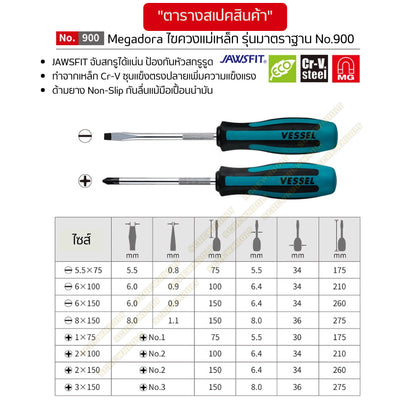 VESSEL ไขควง แม่เหล็ก Megadora ซีรีย์ 900 แฉก/ปากแบน กันลื่น ด้ามหนา/บาง/สั้น ปลายชุบแข็ง กันรูด  / Screwdriver