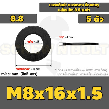 แหวนอีแปะ แหวนรอง น็อตสกรู เหล็กแข็ง 8.8 รมดำ - M2 - M36 / 8.8 Grade Flat Washer Black Oxide