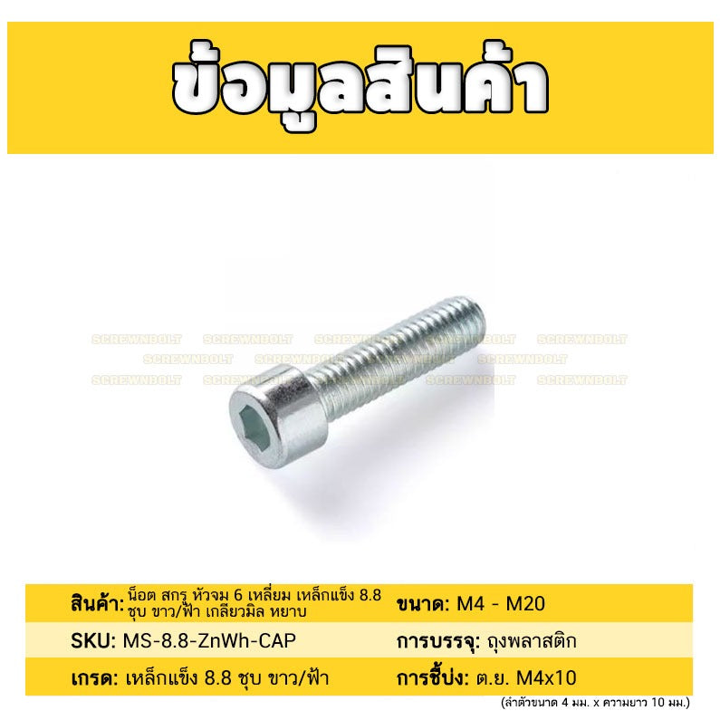 น็อต สกรู หัวจม 6 เหลี่ยม เหล็กแข็ง 8.8 ชุบ ขาว/ฟ้า เกลียวมิล หยาบ M8 M10 / 8.8 Cap Socket Machine Screw White Zinc