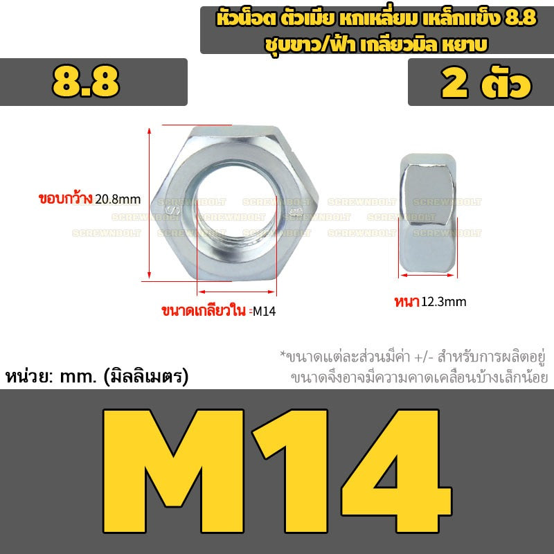 หัวน็อต ตัวเมีย หกเหลี่ยม เหล็กแข็ง 8.8 ชุบขาว/ฟ้า เกลียวมิล หยาบ M5 - M24 / 8.8 Grade Hexagon Nut White Zinc