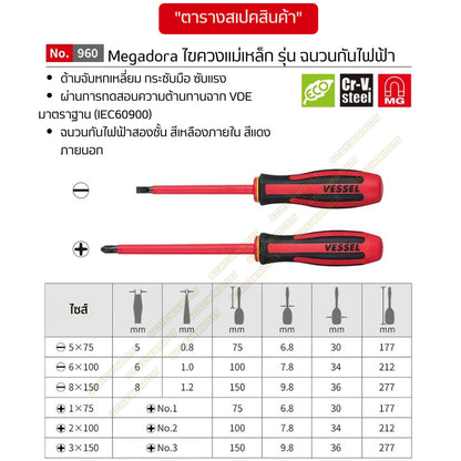 VESSEL ไขควง แม่เหล็ก Megadora รุ่น ฉนวนกันไฟฟ้า แฉก/ปากแบน ปลายชุบแข็ง PH1/2/3 SL5/6/8 +/-2/3 / Insulated Screwdriver
