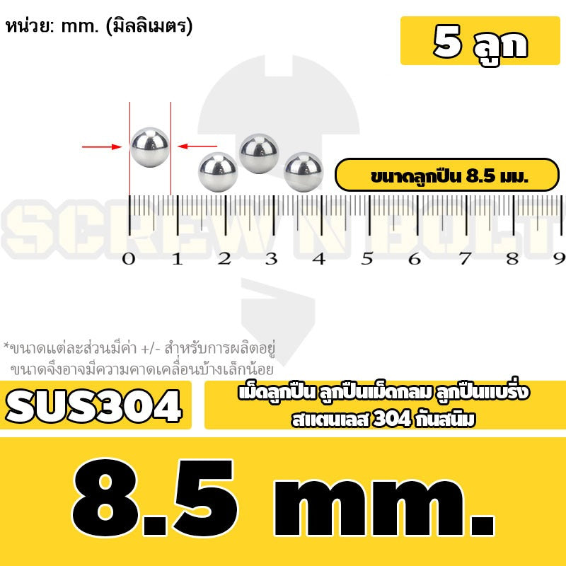 เม็ดลูกปืน ลูกปืนเม็ดกลม ลูกปืนแบริ่ง สแตนเลส 304 กันสนิม ไซส์: 0.5 - 10 mm. / Stainless Steel Ball Bearing SUS304