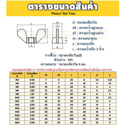 หัวน็อต ตัวเมีย หางปลา ปีก โค้งมน กลม สแตนเลส 304 เกลียวมิล หยาบ M4 M5 M6 M8 M10 / Wing Nut Round SUS304