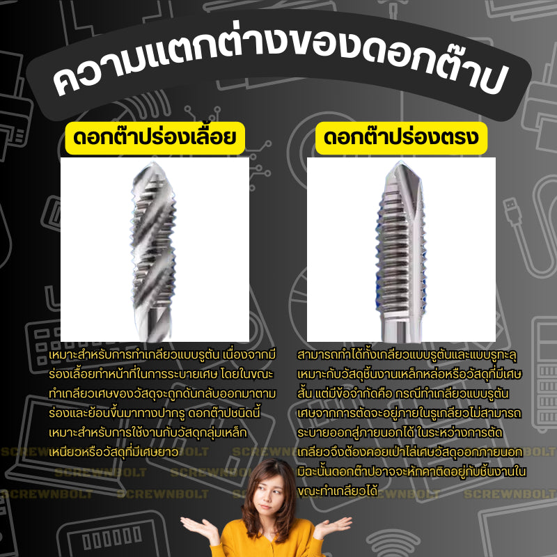 ดอกต๊าปเกลียว WALTETAP ร่องตรง เกลียวมิล หยาบ รูทะลุ เศษลงล่าง HSS-E รมดำ-วงแดง M1.2 - M12