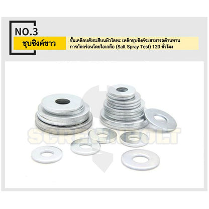 แหวนอีแปะ แหวนรอง น็อตสกรู เหล็กแข็ง 8.8 ชุบ ขาว - M6 M8 M10 M12 / 8.8 Grade Flat Washer Zinc White