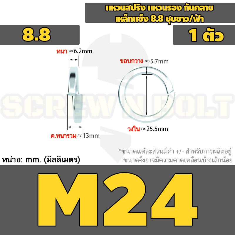 แหวนสปริง แหวนรอง กันคลาย เหล็กแข็ง 8.8 ชุบขาว/ฟ้า - M3 - M24 / 8.8 Grade Spring Washer White Zinc