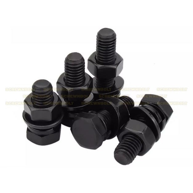(ยกชุด) น็อต สกรู หัว หกเหลี่ยม แหวน+สปริง+ตัวเมีย เหล็ก 8.8 รมดำ มิล หยาบ M12 M14 / (Set) 8.8 Hexagon Bolt Black Oxide
