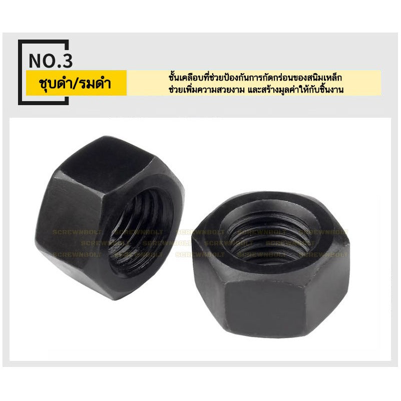 หัวน็อต ตัวเมีย หกเหลี่ยม เหล็กแข็ง 8.8 รมดำ เกลียวมิล หยาบ M2 - M18 / 8.8 Grade Hexagon Nut Black Oxide