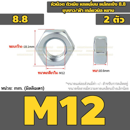 หัวน็อต ตัวเมีย หกเหลี่ยม เหล็กแข็ง 8.8 ชุบขาว/ฟ้า เกลียวมิล หยาบ M5 - M24 / 8.8 Grade Hexagon Nut White Zinc