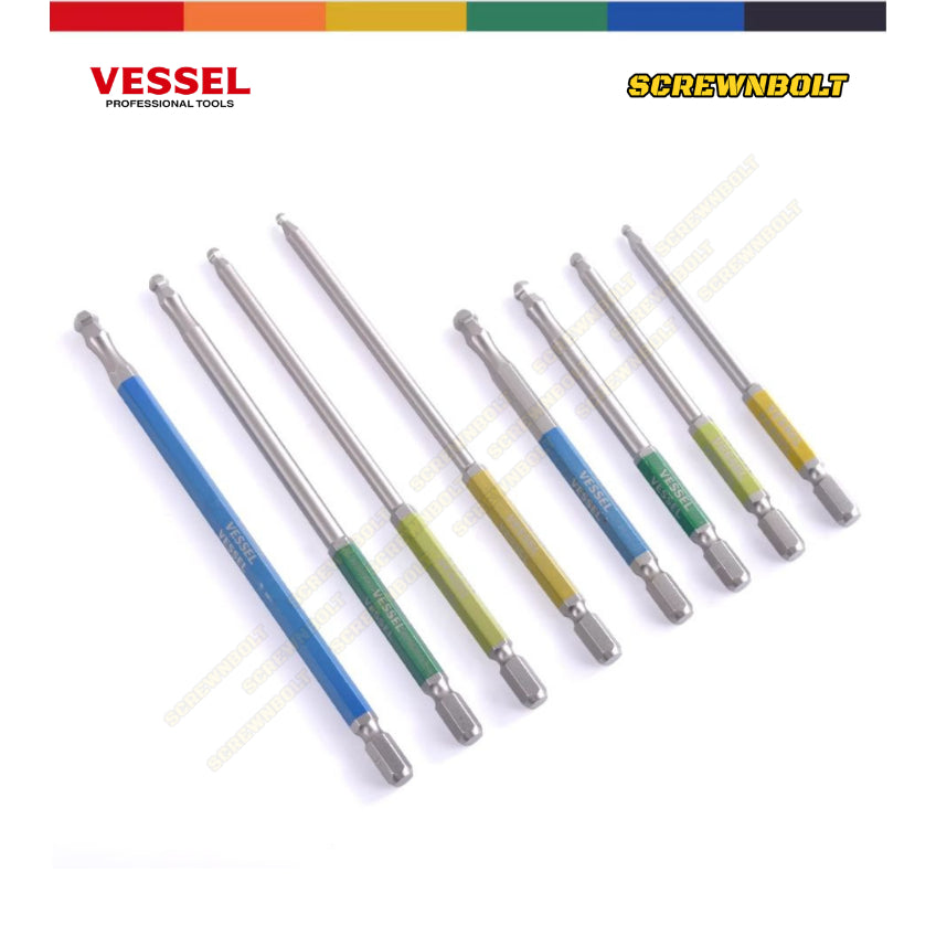 VESSEL ดอกไขควง แม่เหล็ก หัวบอล/หกเหลี่ยม ยาว 65/100/150 มม. เกรด HRC62 H2.5H3H4H5H6H8 / Single End Hex/Ball Point Bit