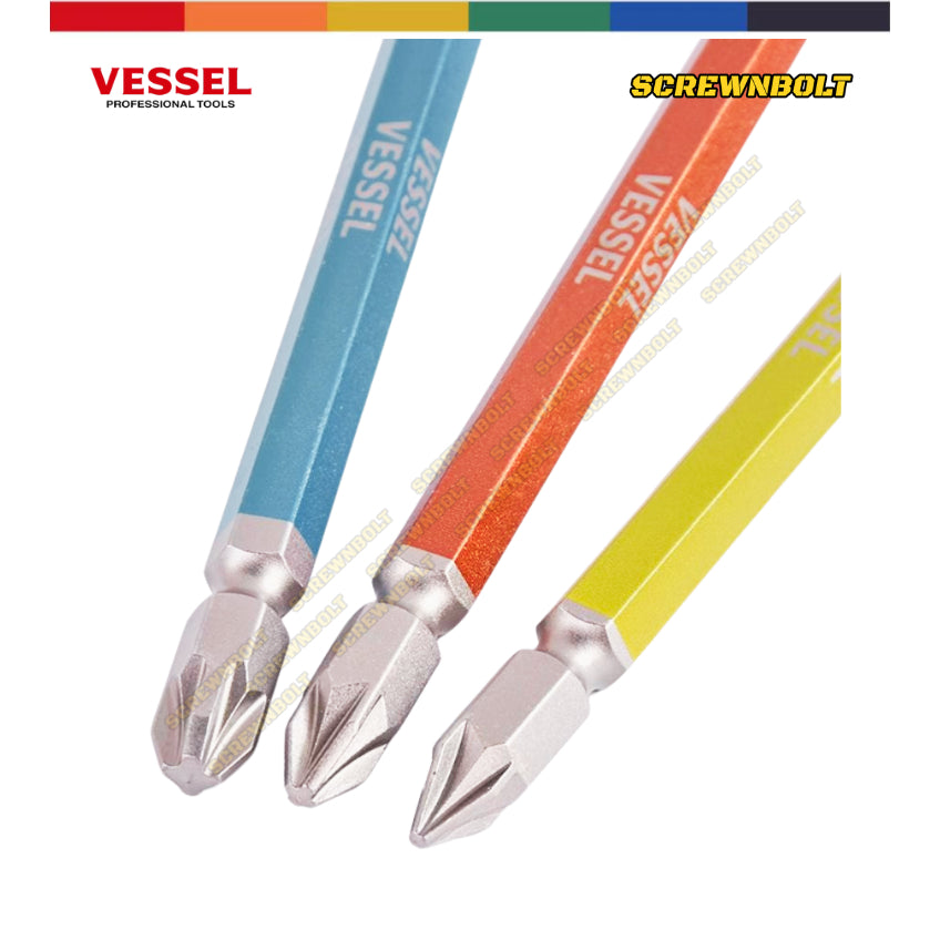 VESSEL ดอกไขควง แม่เหล็ก หัวแฉก/ปากแบน หลายความยาว เกรด HRC62 PH0/00/1/2/3 SL3/4/5/6 / Phillip/Slot Double Bit