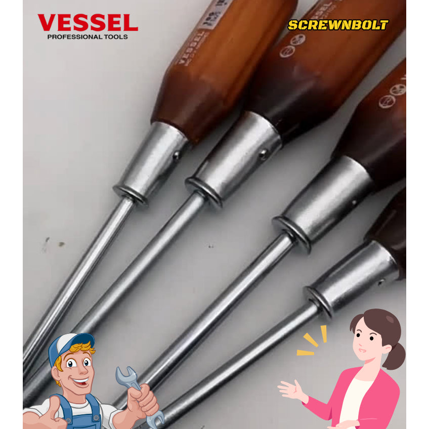 VESSEL ไขควง แม่เหล็ก แบบตอกได้ แฉก/ปากแบน/+/- ไม้ธรรมชาติ สวย ไร้เสี้ยน  / Powerful Tang-Thru Screwdriver No.100