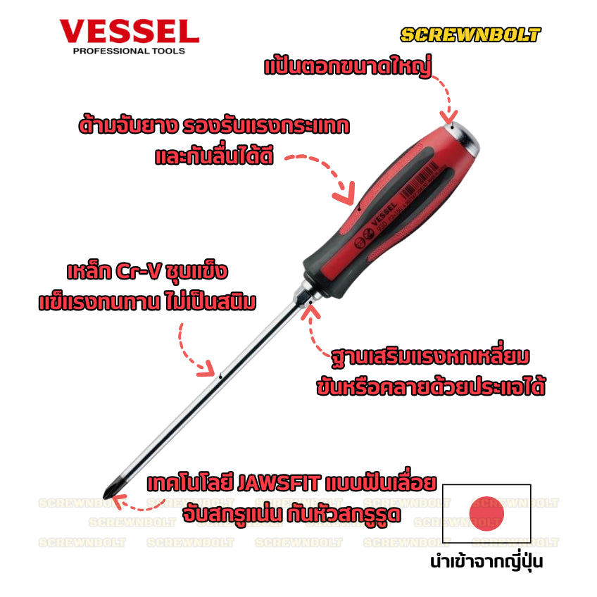 VESSEL ไขควง แม่เหล็ก Megadora แบบตอก แฉก/ปากแบน กันหัวรูด ปลายชุบแข็ง SL5.5/6/8 PH1/2/3 / Tang-Thru Screwdriver