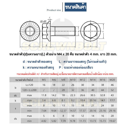 น็อต สกรู หัว หกเหลี่ยมติดแหวน เหล็กแข็ง 10.9 เกลียวมิล หยาบ M5 M6 M8 / Hexagon Flange Bolt Grade 10.9