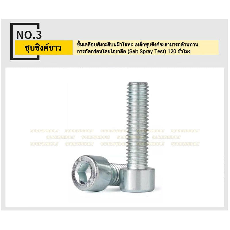 น็อต สกรู หัวจม 6 เหลี่ยม เหล็กแข็ง 8.8 ชุบ ขาว/ฟ้า เกลียวมิล หยาบ M8 M10 / 8.8 Cap Socket Machine Screw White Zinc