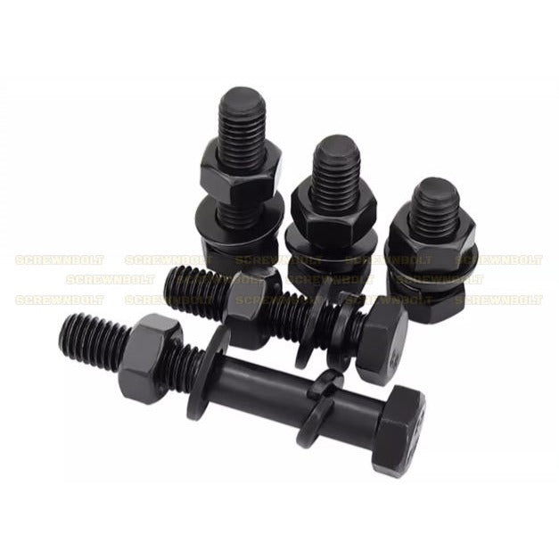 (ยกชุด) น็อต สกรู หัว หกเหลี่ยม แหวน+สปริง+ตัวเมีย เหล็ก 8.8 รมดำ มิล หยาบ M24 / (Set) 8.8 Hexagon Bolt Black Oxide