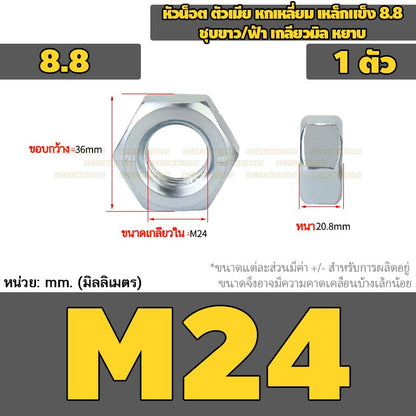 หัวน็อต ตัวเมีย หกเหลี่ยม เหล็กแข็ง 8.8 ชุบขาว/ฟ้า เกลียวมิล หยาบ M5 - M24 / 8.8 Grade Hexagon Nut White Zinc