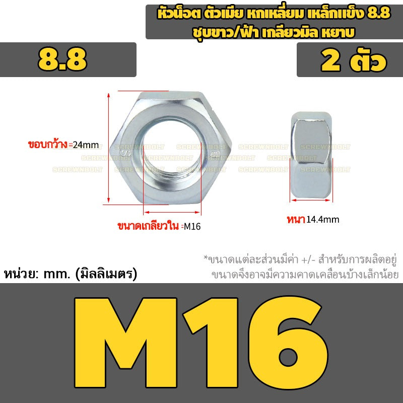 หัวน็อต ตัวเมีย หกเหลี่ยม เหล็กแข็ง 8.8 ชุบขาว/ฟ้า เกลียวมิล หยาบ M5 - M24 / 8.8 Grade Hexagon Nut White Zinc