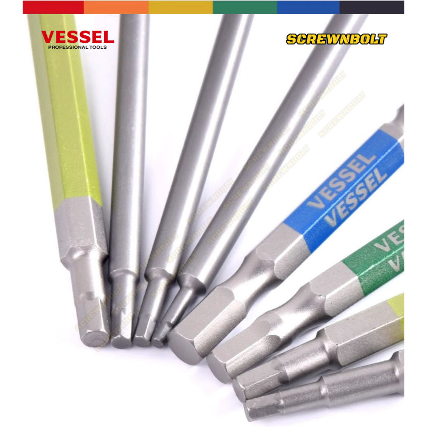 VESSEL ดอกไขควง แม่เหล็ก หัวบอล/หกเหลี่ยม ยาว 65/100/150 มม. เกรด HRC62 H2.5H3H4H5H6H8 / Single End Hex/Ball Point Bit
