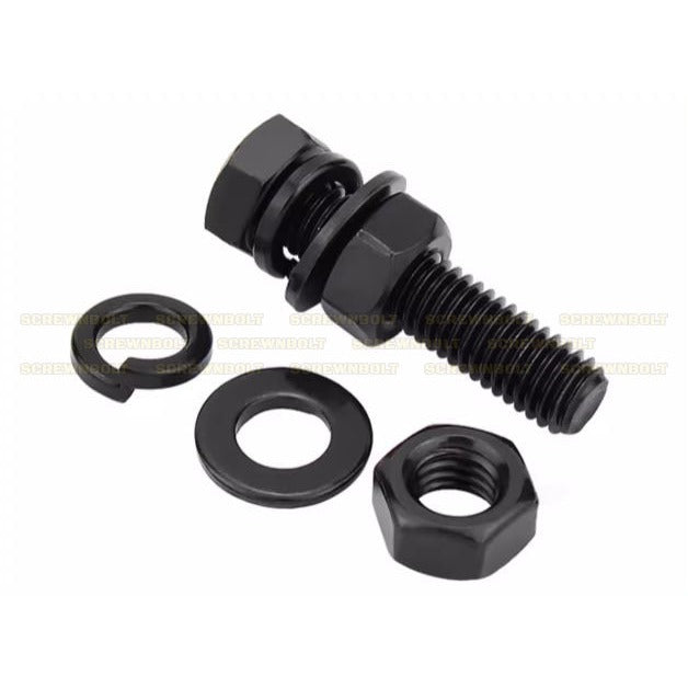 (ยกชุด) น็อต สกรู หัว หกเหลี่ยม แหวน+สปริง+ตัวเมีย เหล็ก 8.8 รมดำ มิล หยาบ M12 M14 / (Set) 8.8 Hexagon Bolt Black Oxide