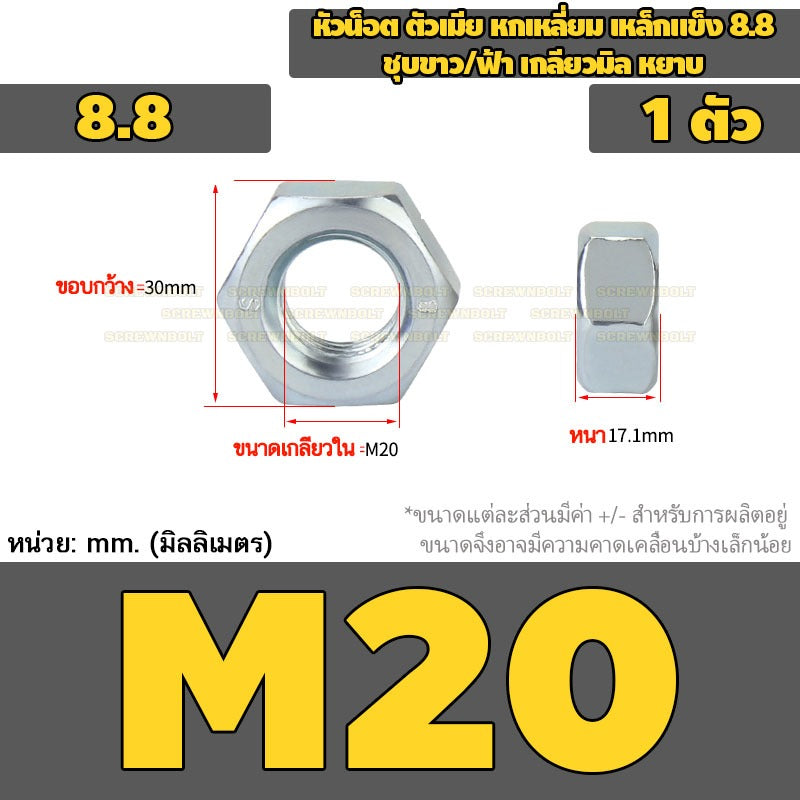 หัวน็อต ตัวเมีย หกเหลี่ยม เหล็กแข็ง 8.8 ชุบขาว/ฟ้า เกลียวมิล หยาบ M5 - M24 / 8.8 Grade Hexagon Nut White Zinc