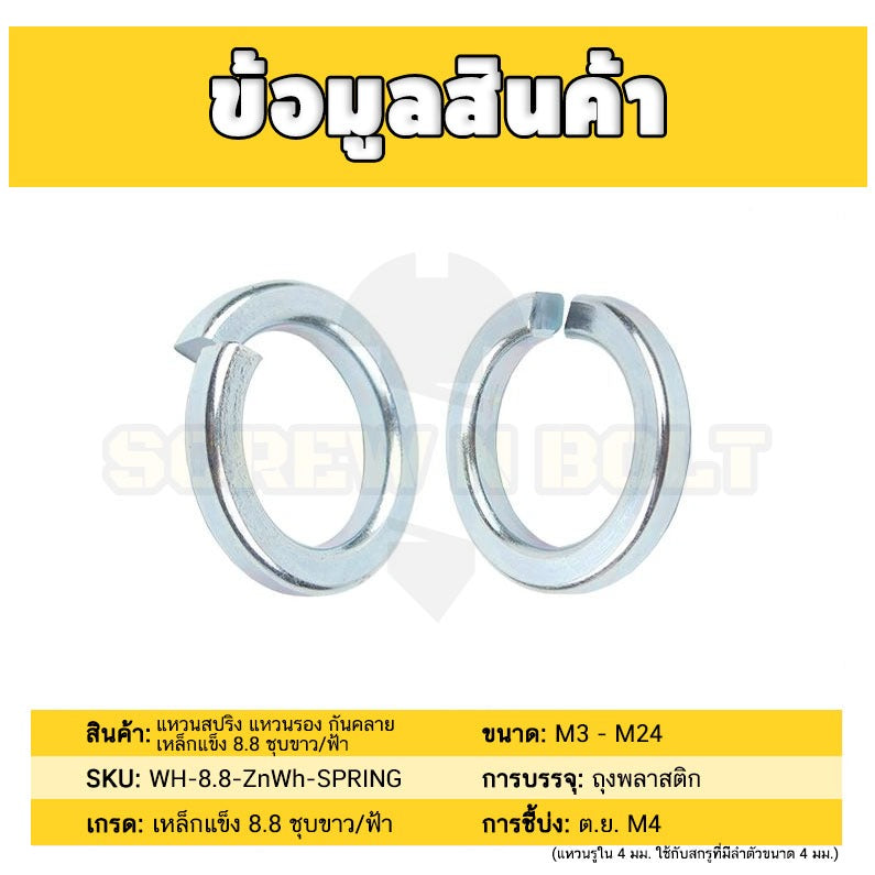 แหวนสปริง แหวนรอง กันคลาย เหล็กแข็ง 8.8 ชุบขาว/ฟ้า - M3 - M24 / 8.8 Grade Spring Washer White Zinc