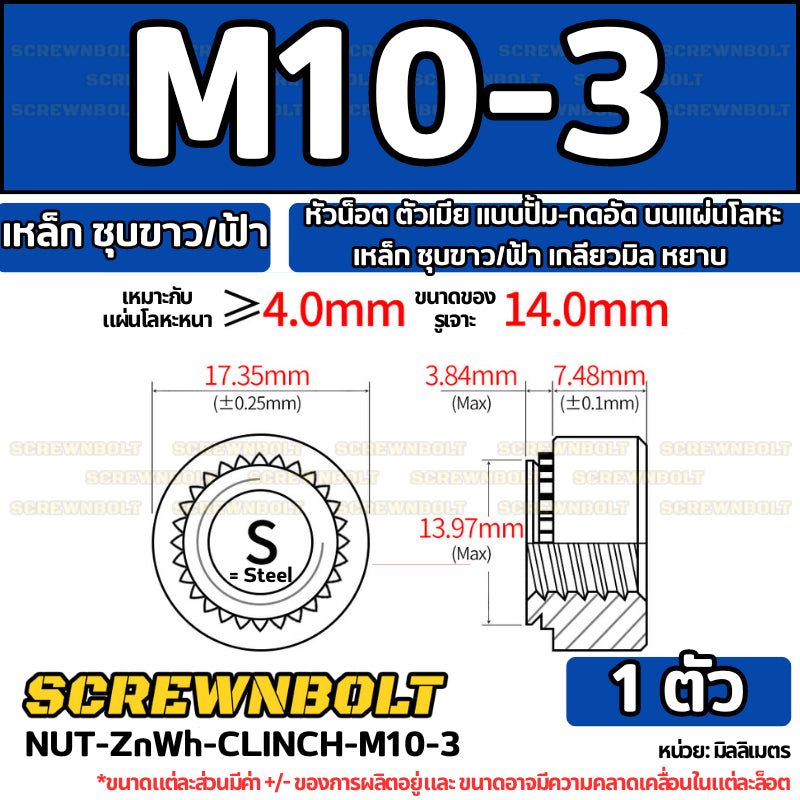หัวน็อต ตัวเมีย แบบปั้ม-กดอัด บนแผ่นโลหะ เหล็ก ชุบขาว/ฟ้า เกลียวมิล หยาบ M2M3M4M5M6M10M12